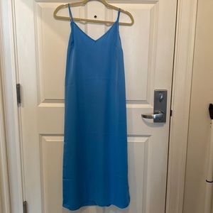 Blue maxi/ankle slip dress. Adjustable straps. Side slit